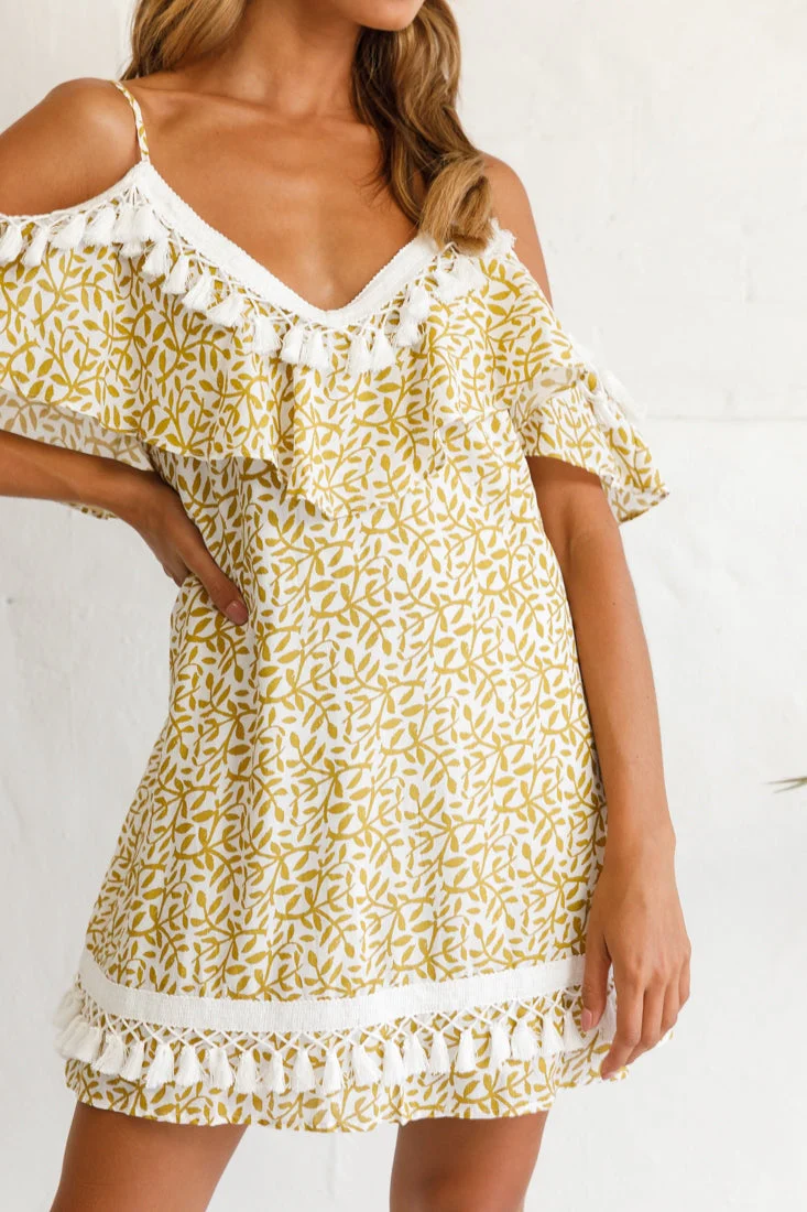 Hayman Cold-Shoulder Tassel Trim Dress Mustard Print - Image 5