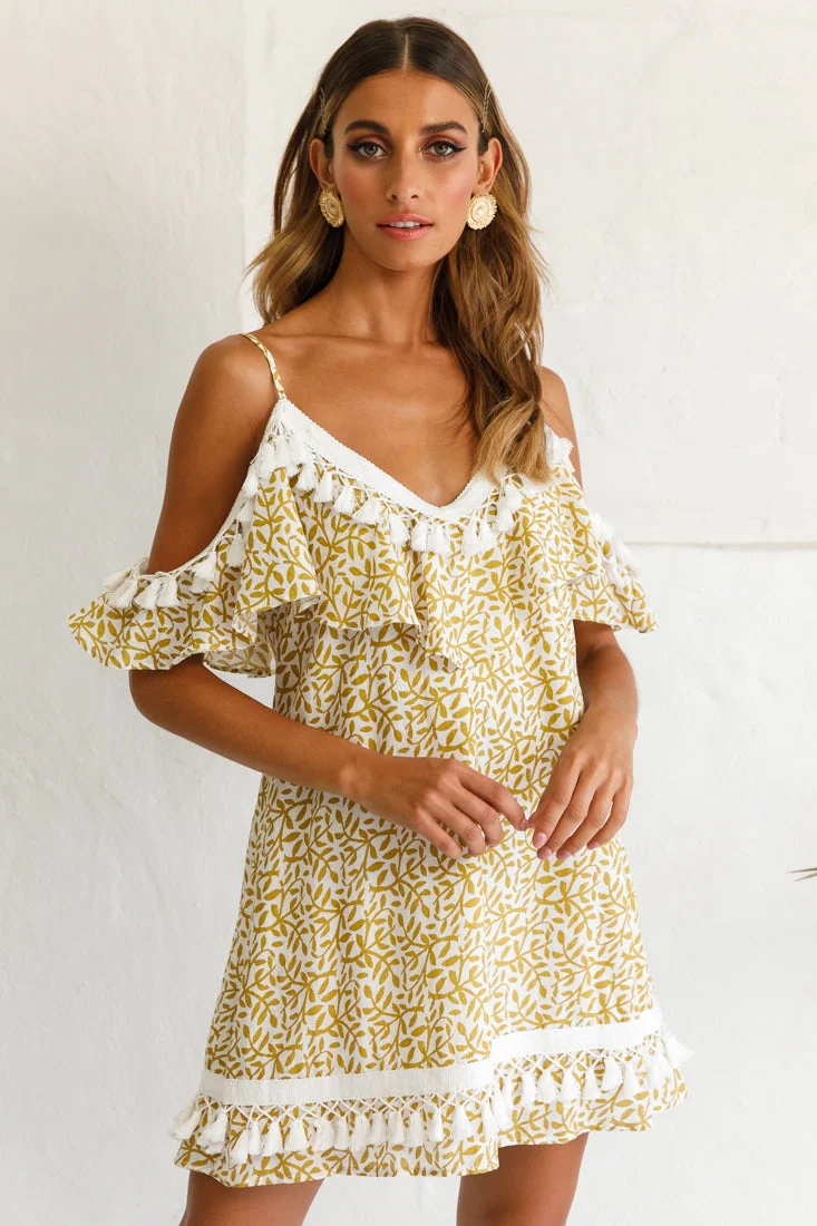 Hayman Cold-Shoulder Tassel Trim Dress Mustard Print - Image 6