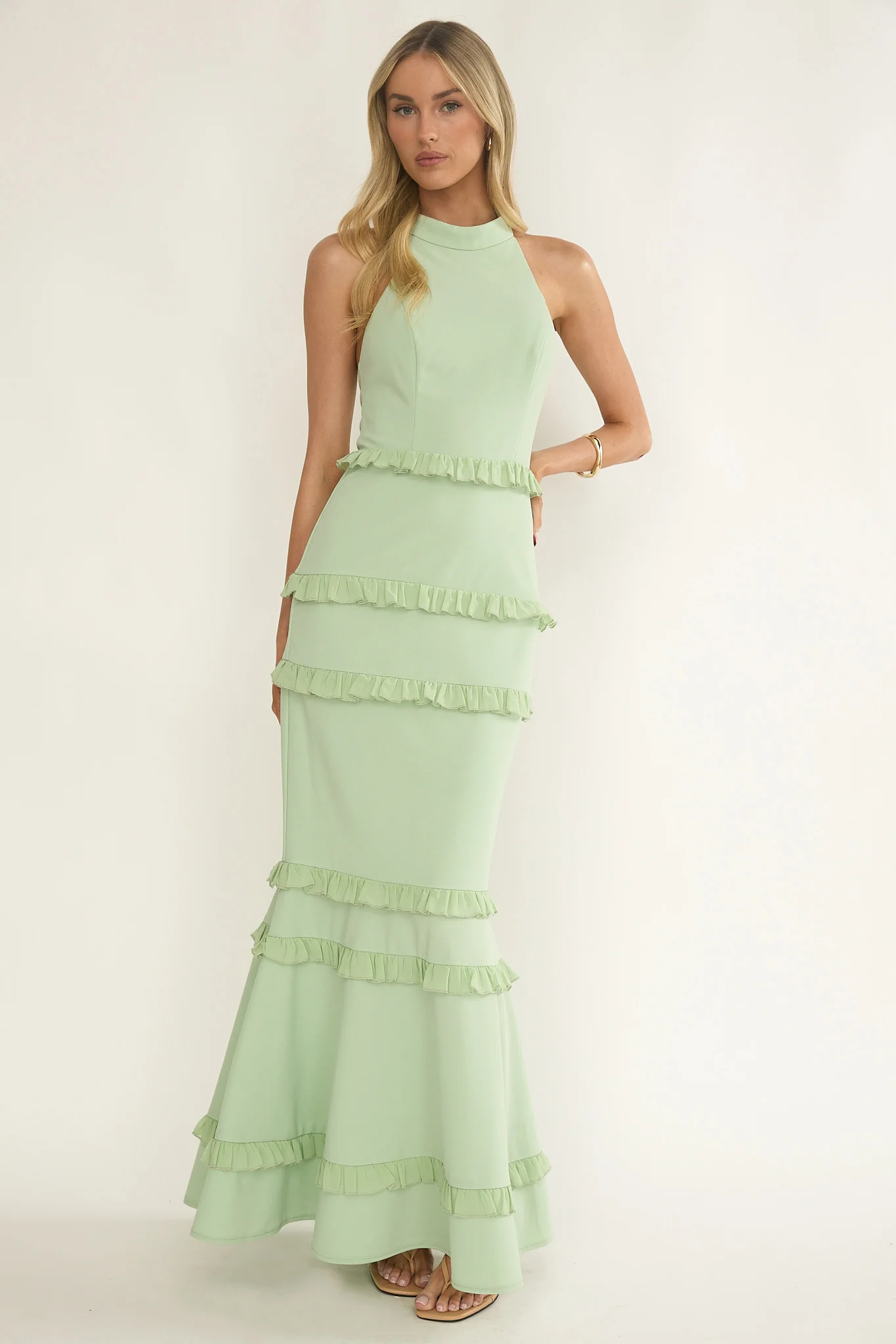 Haze Frill Trim Halterneck Maxi Dress Sage - Image 4