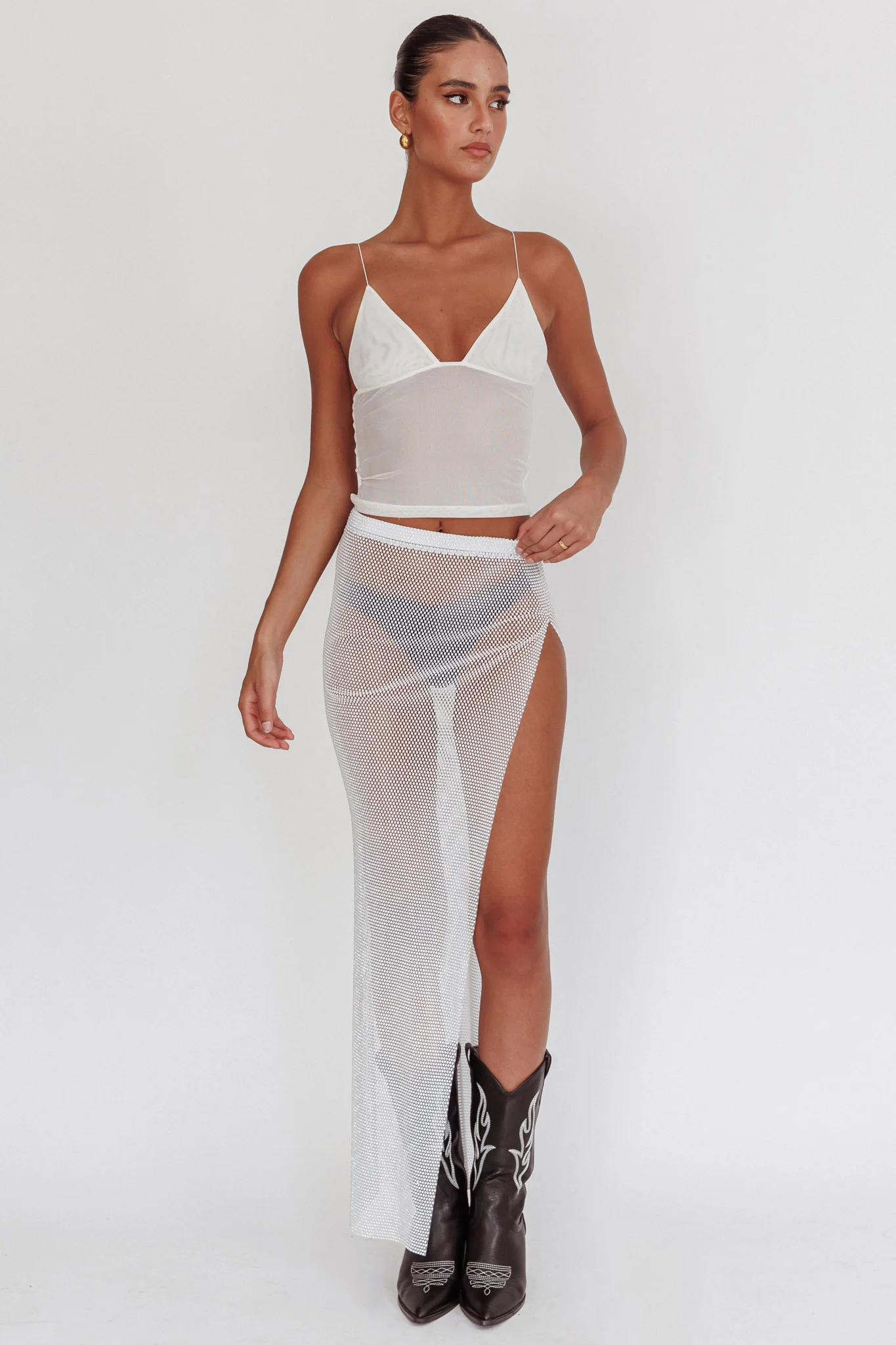 Heart Breaker Diamante Mesh Maxi Skirt White - Image 5