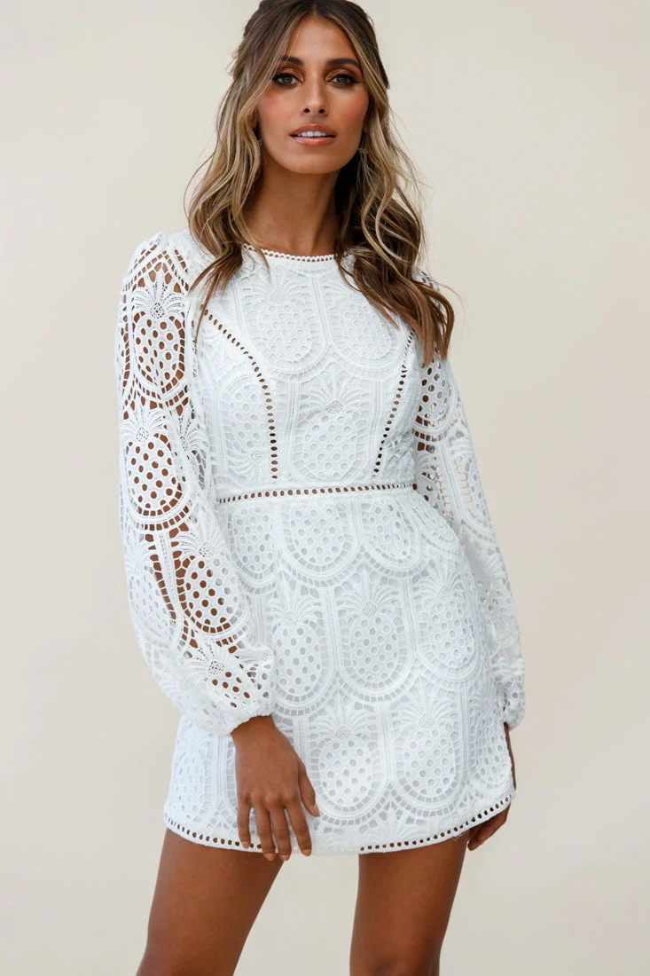 Heart Crochet Overlay Balloon Sleeve Dress White - Image 2