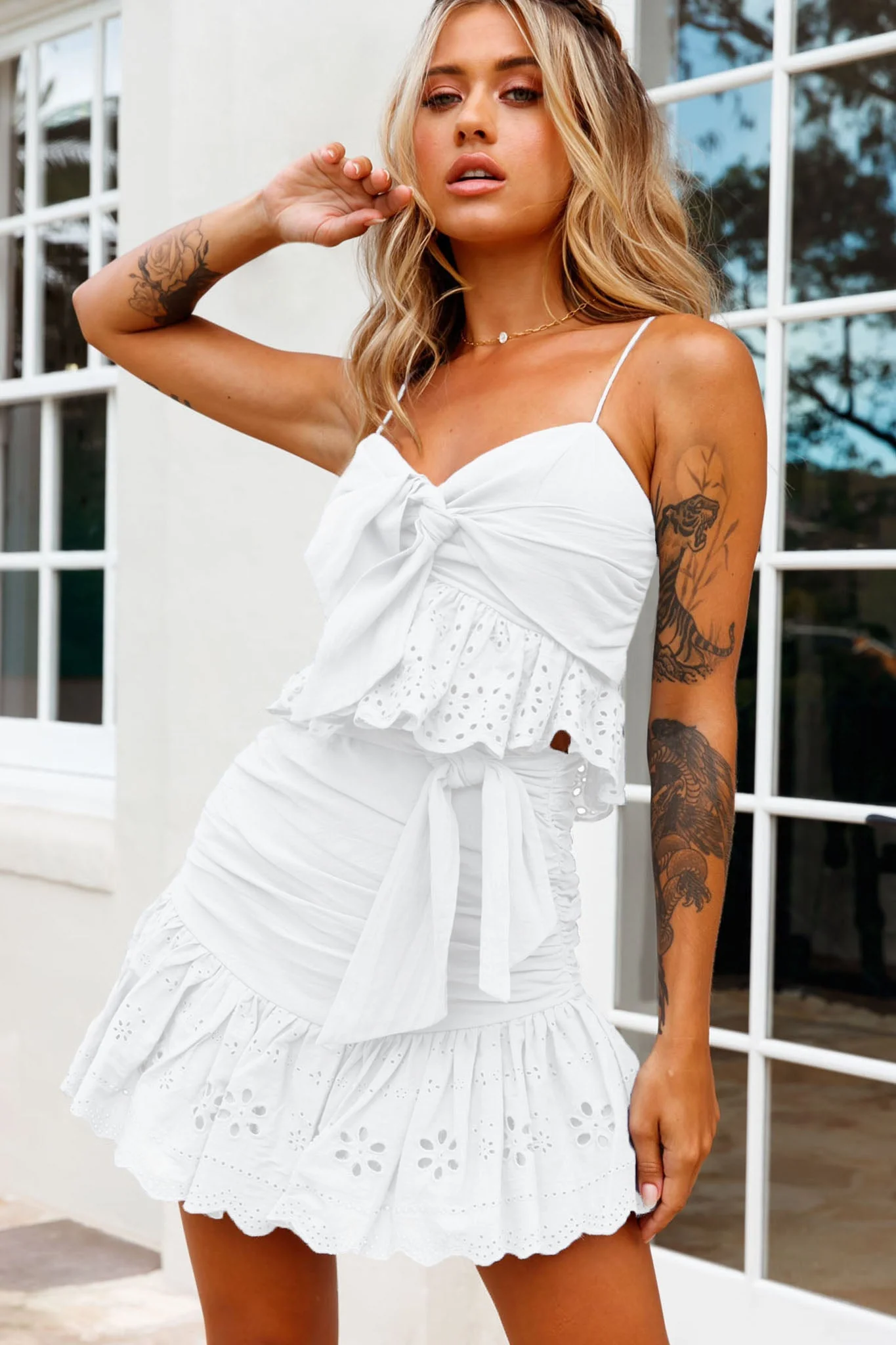 Heartland Waist Tie Eyelet Embroidery Hem Skirt White - Image 3