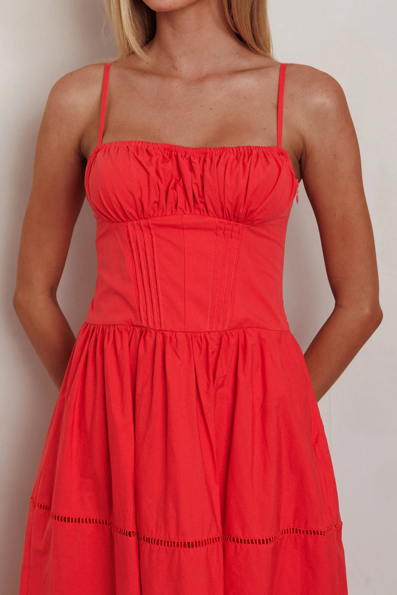 Heavenly Glow Gathered Bust A-Line Maxi Dress Red - Image 3
