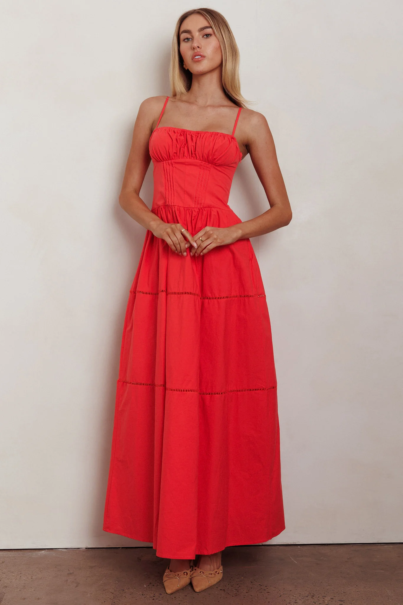 Heavenly Glow Gathered Bust A-Line Maxi Dress Red - Image 5