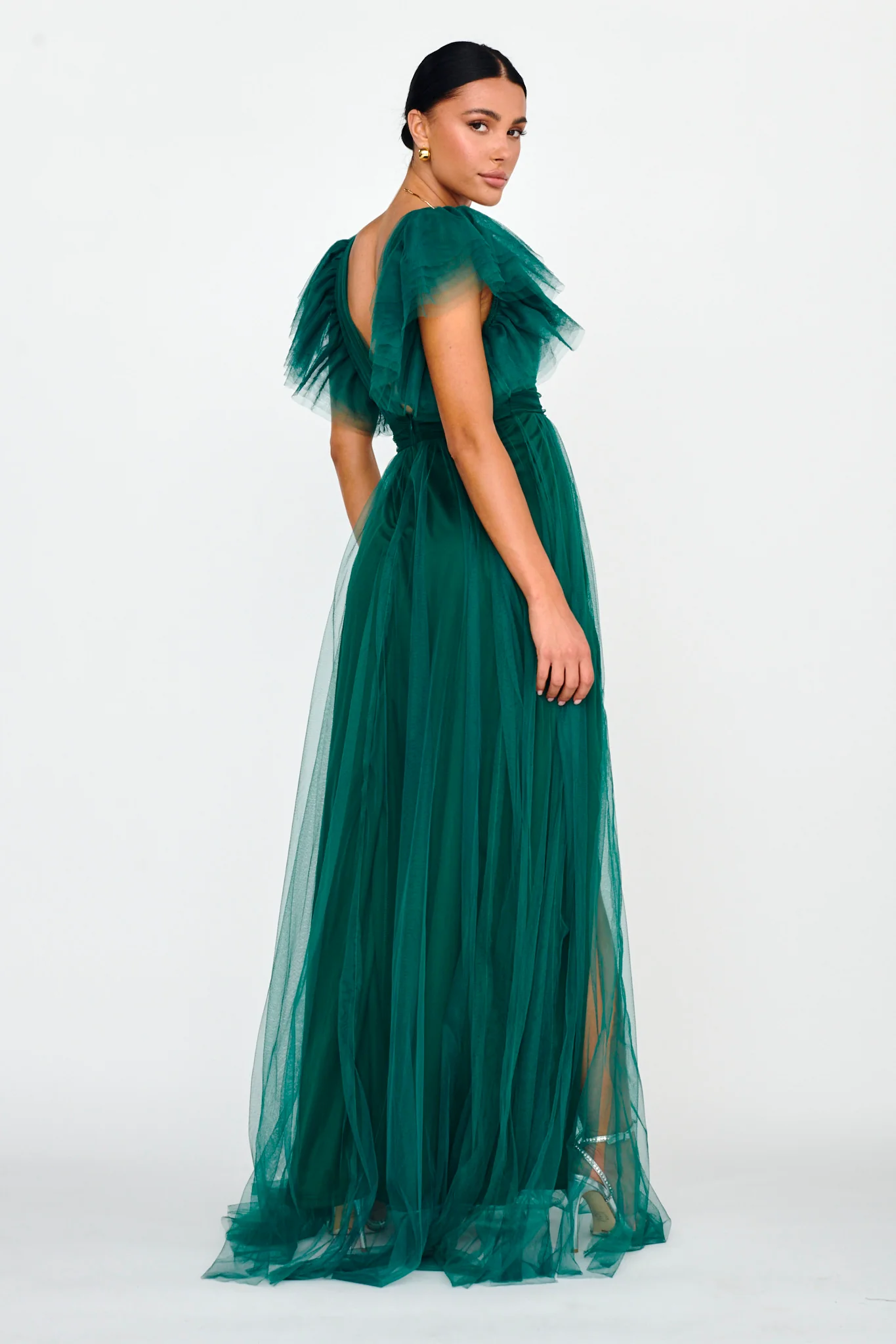 Heaven's Love Deep V-Neck Tulle Maxi Dress Hunter Green - Image 2