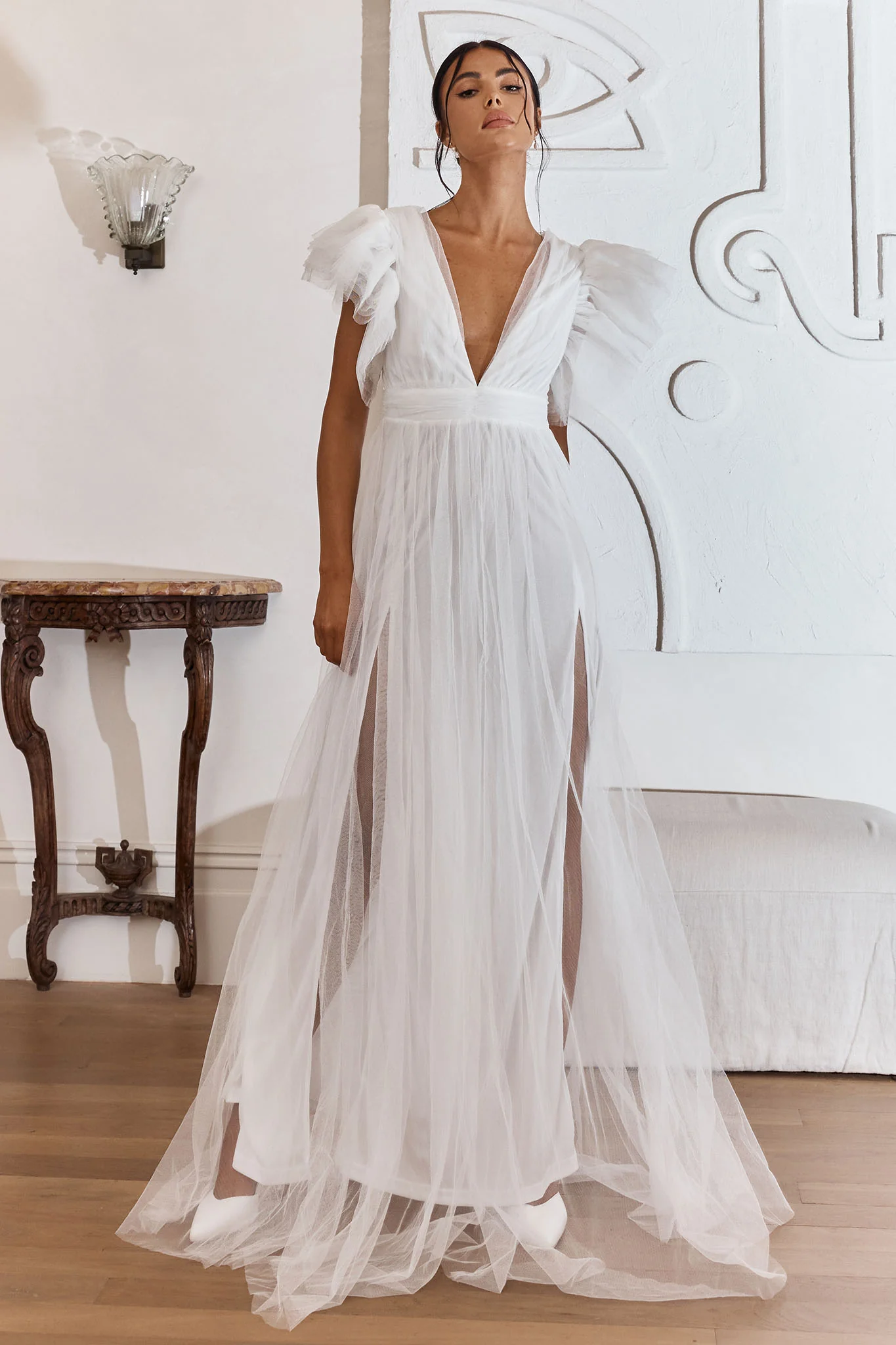 Heaven's Love Deep V-Neck Tulle Maxi Dress White - Image 2