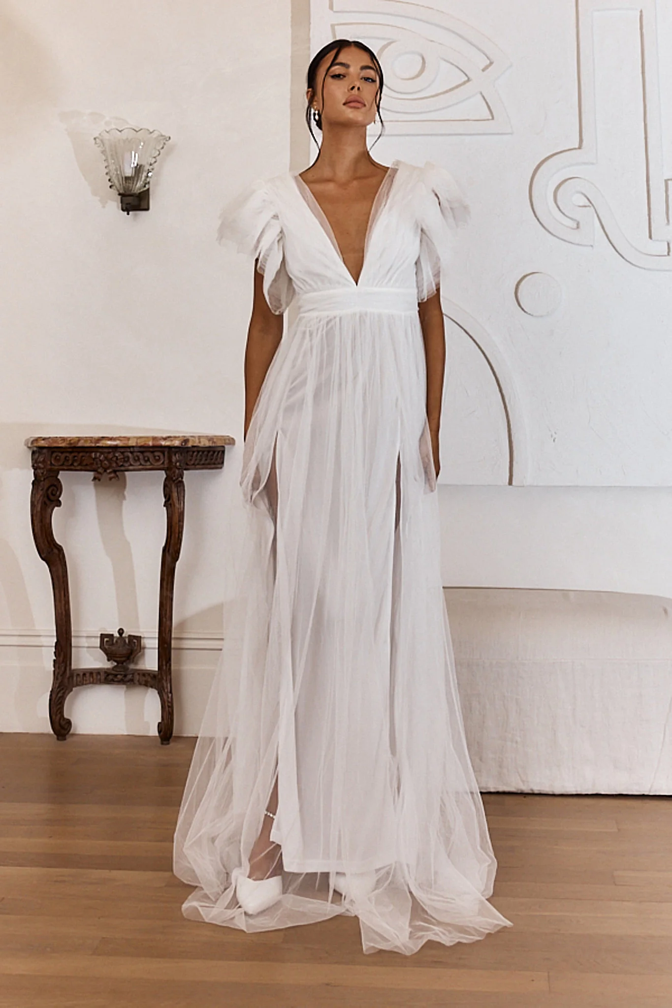 Heaven's Love Deep V-Neck Tulle Maxi Dress White - Image 4