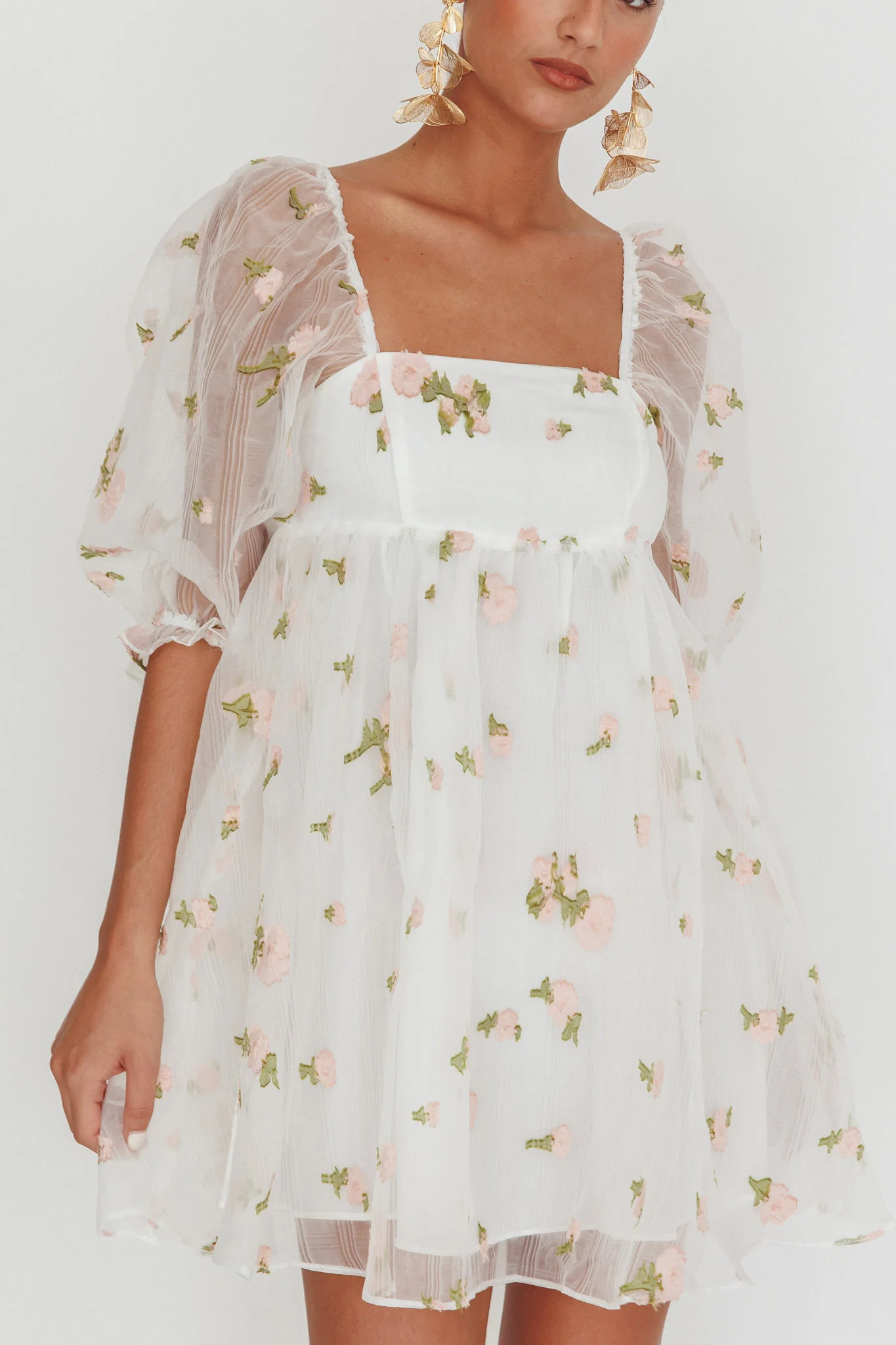 Helen Floral Organza Mini Dress White Pink - Image 5