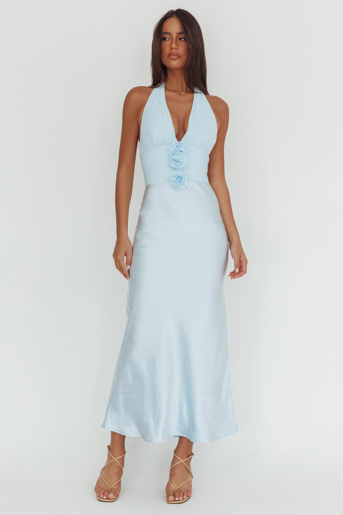 Heliora Halterneck Rosette Bust Maxi Dress Ice Blue - Image 2