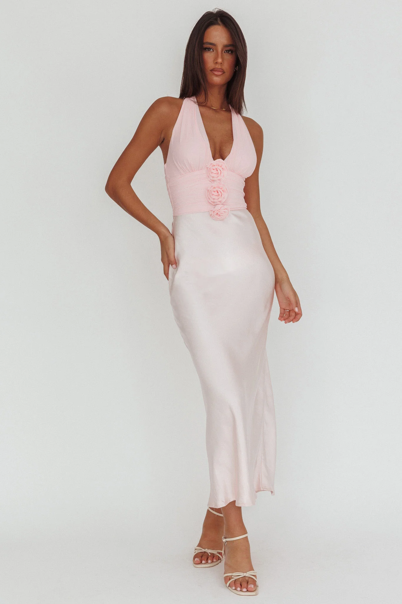 Heliora Halterneck Rosette Bust Maxi Dress Pink - Image 4