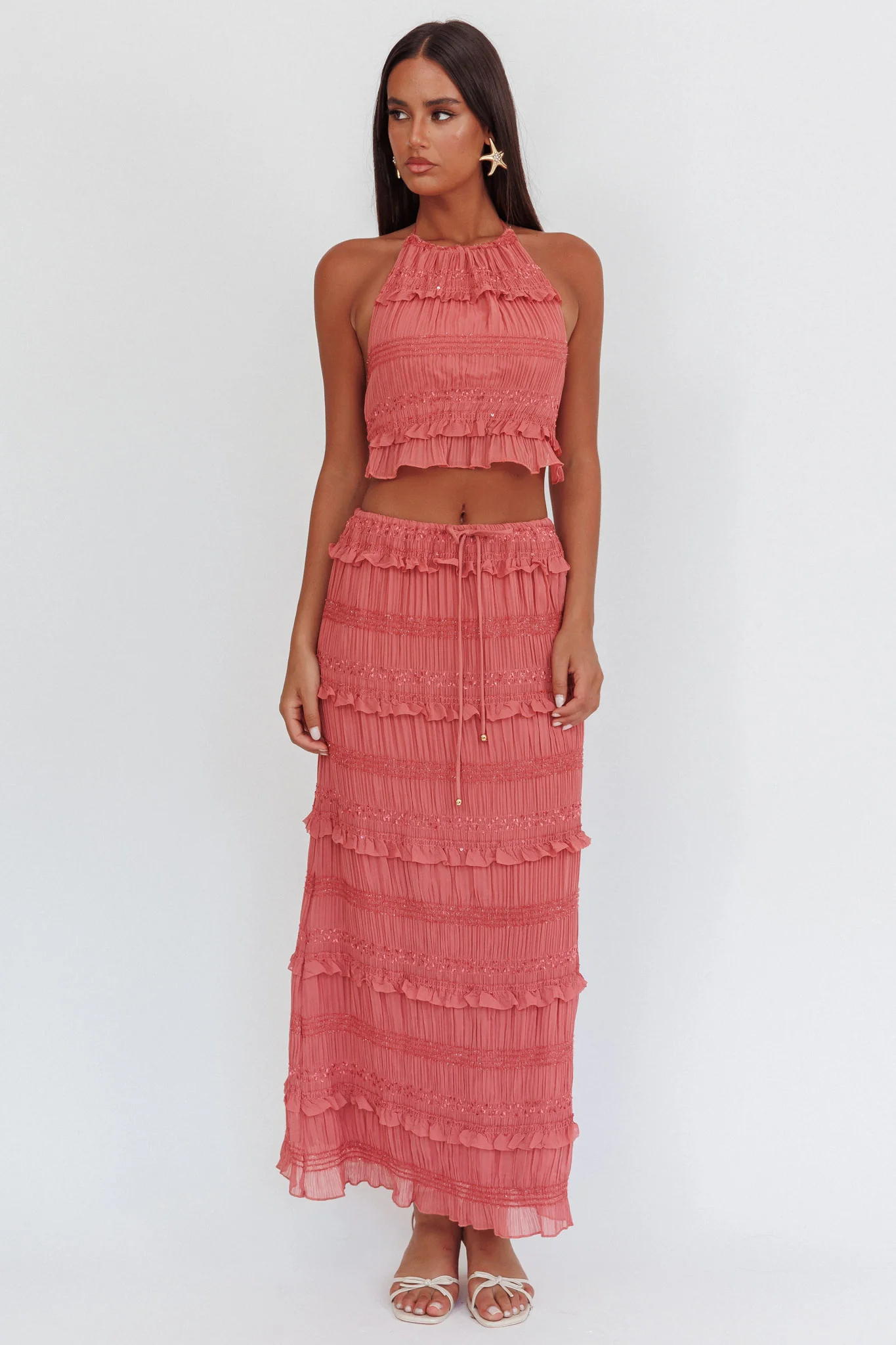 Helios Shirred Sequin Maxi Skirt Rose - Image 4