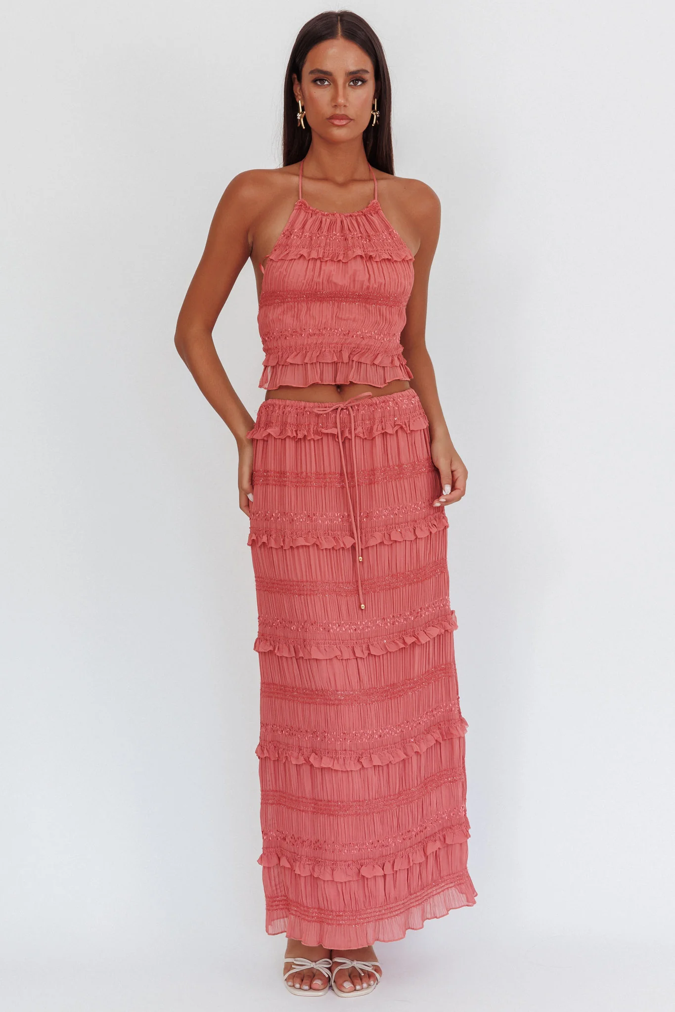 Helios Shirred Sequin Maxi Skirt Rose - Image 5