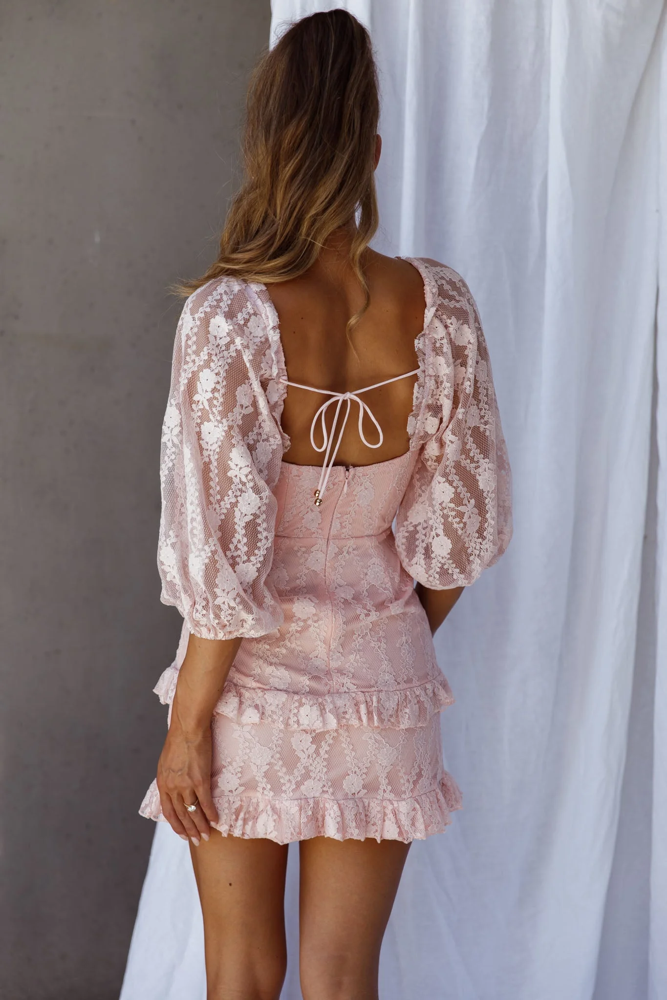 Hemingway Criss-Cross Bust Balloon Sleeve Frill Trim Lace Dress Blush - Image 2