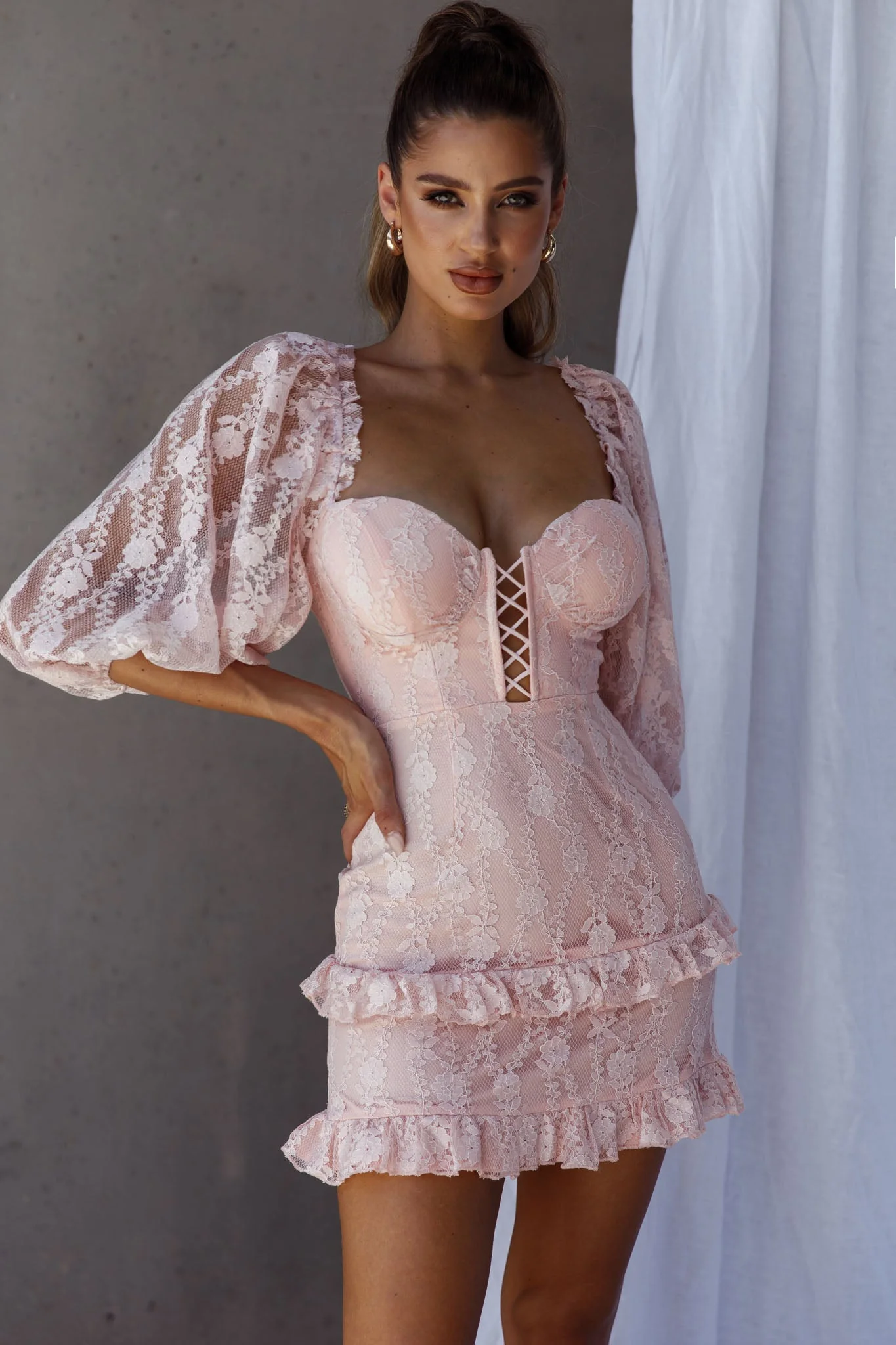 Hemingway Criss-Cross Bust Balloon Sleeve Frill Trim Lace Dress Blush - Image 6