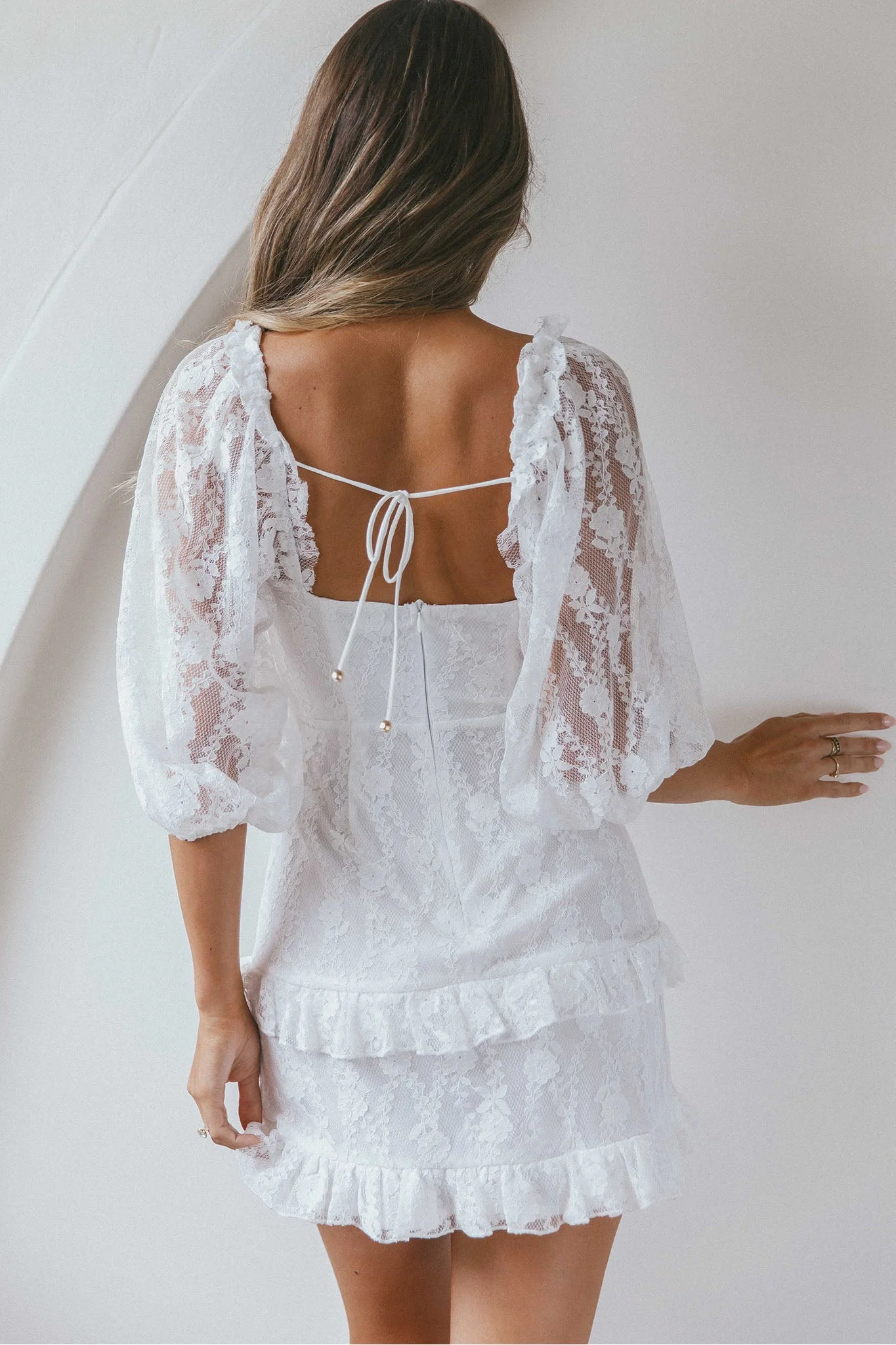 Hemingway Criss-Cross Bust Balloon Sleeve Frill Trim Lace Dress White - Image 3