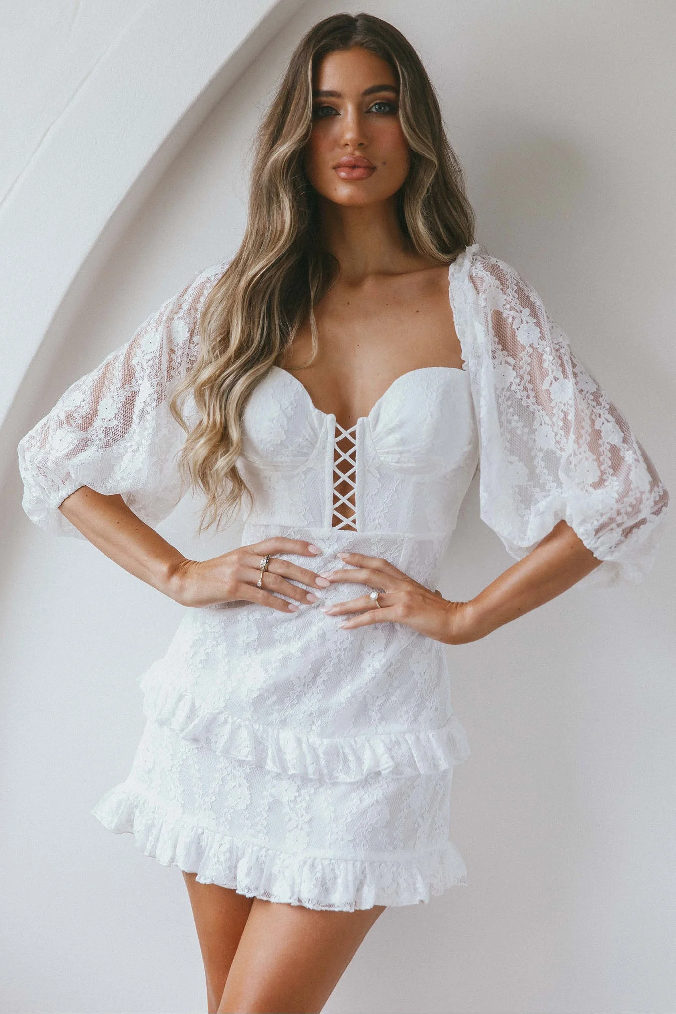 Hemingway Criss-Cross Bust Balloon Sleeve Frill Trim Lace Dress White - Image 6