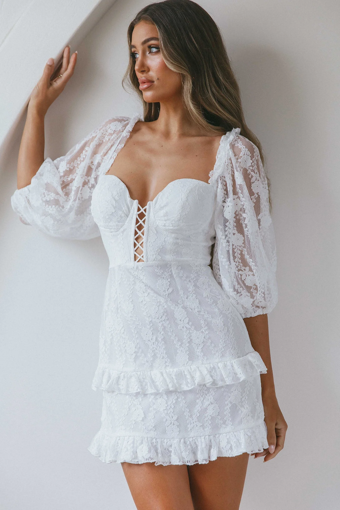 Hemingway Criss-Cross Bust Balloon Sleeve Frill Trim Lace Dress White - Image 8