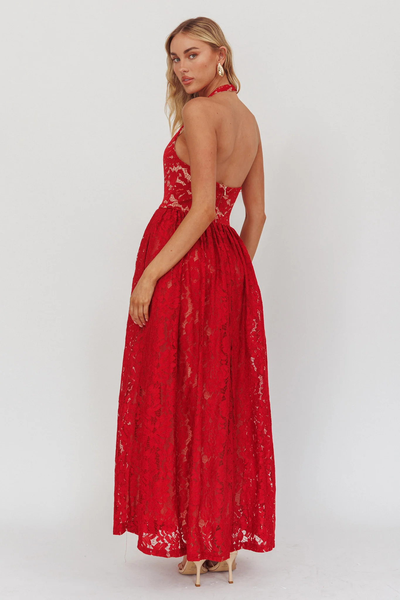 Hendrix Halterneck A-Line Lace Maxi Dress Cherry - Image 2