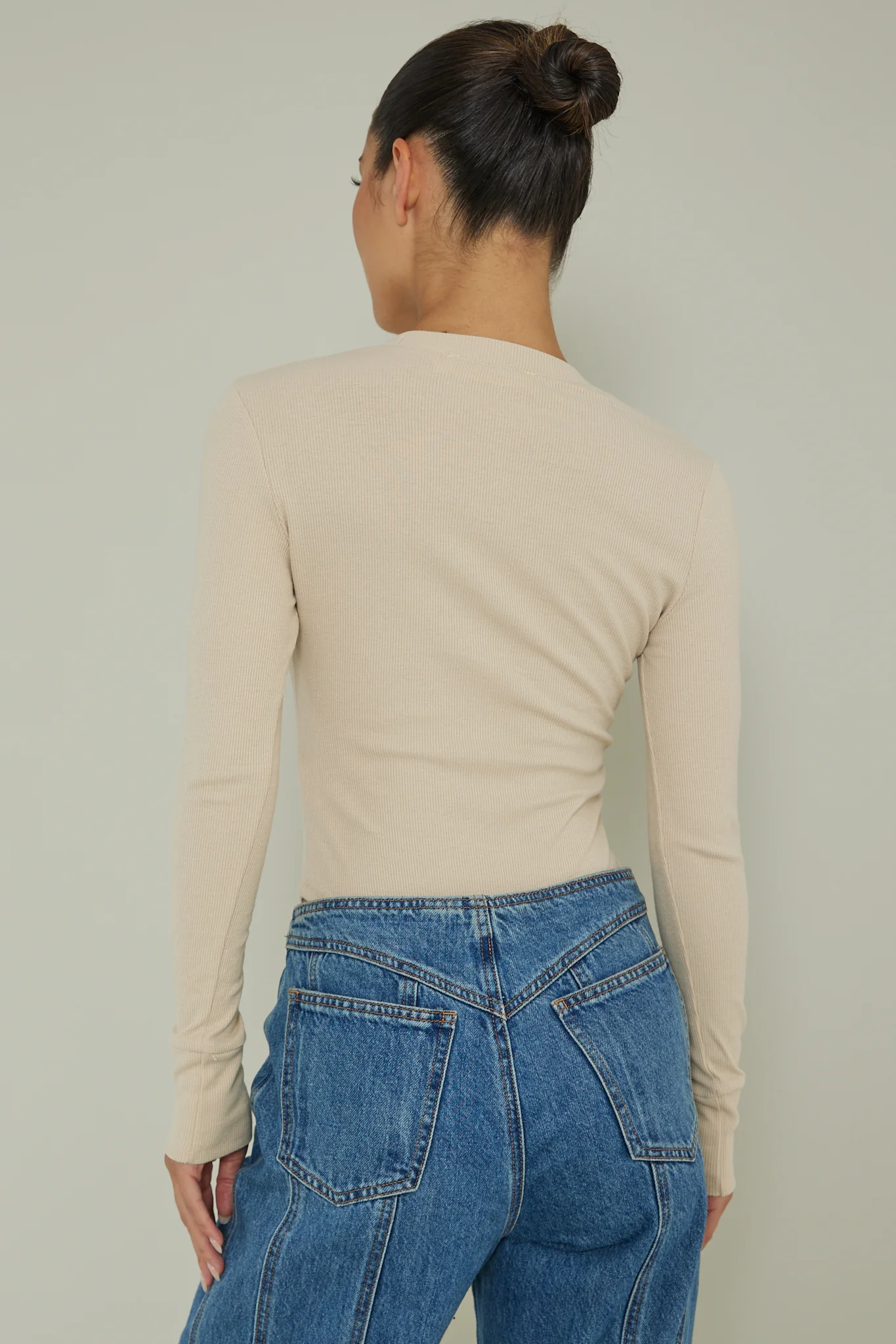 Henley Snap Front Bodysuit Beige - Image 2