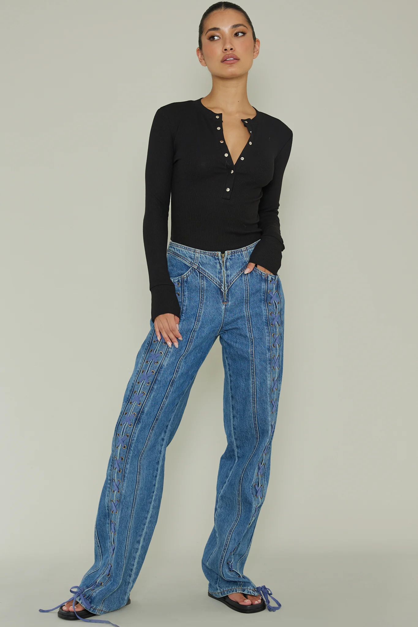 Henley Snap Front Bodysuit Black - Image 3