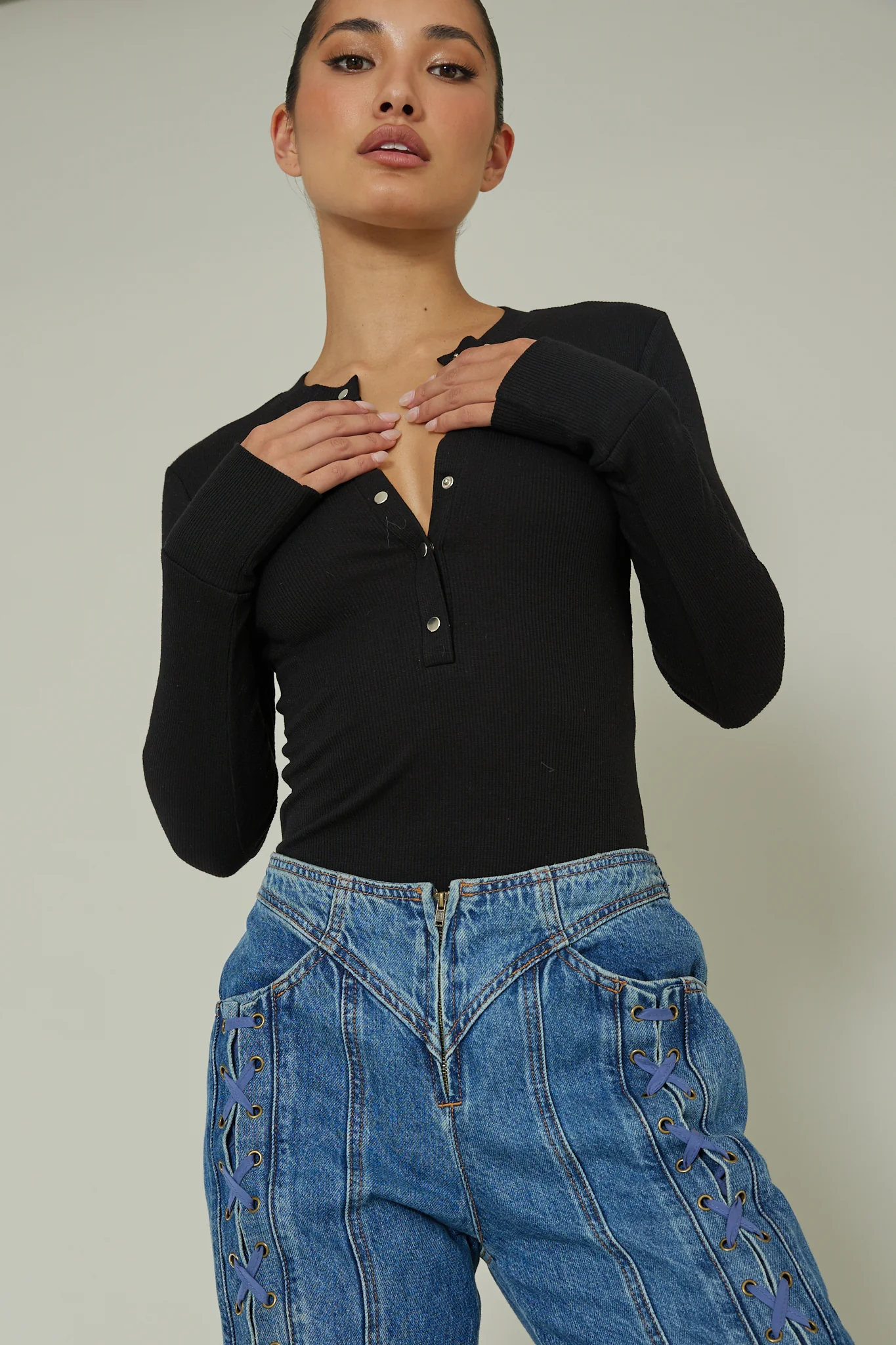 Henley Snap Front Bodysuit Black - Image 5