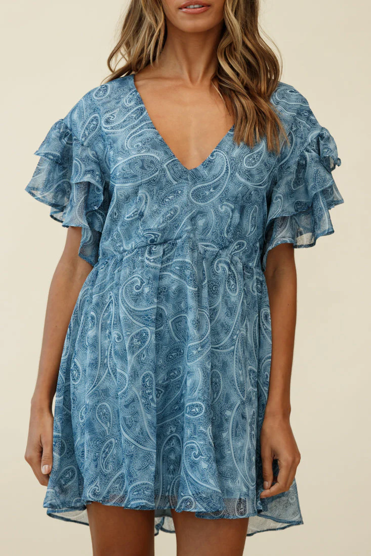 Here And Now Layered Ruffle Sleeve Loose Fit Dress Paisley Print Navy - Image 7