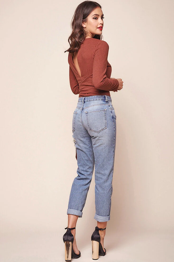 Herieth Long Sleeved Ribbed Bodysuit Chestnut - Image 4