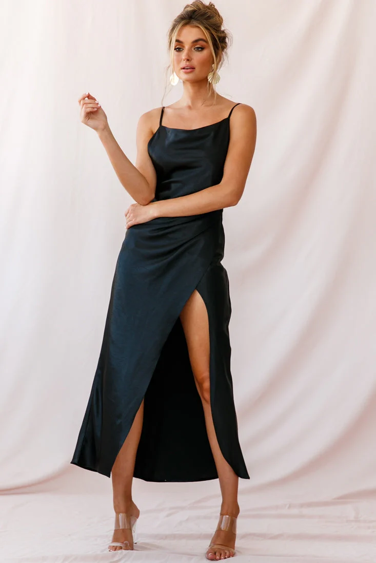 Hey Girl Long Satin Cowl Neck Dress Black - Image 2