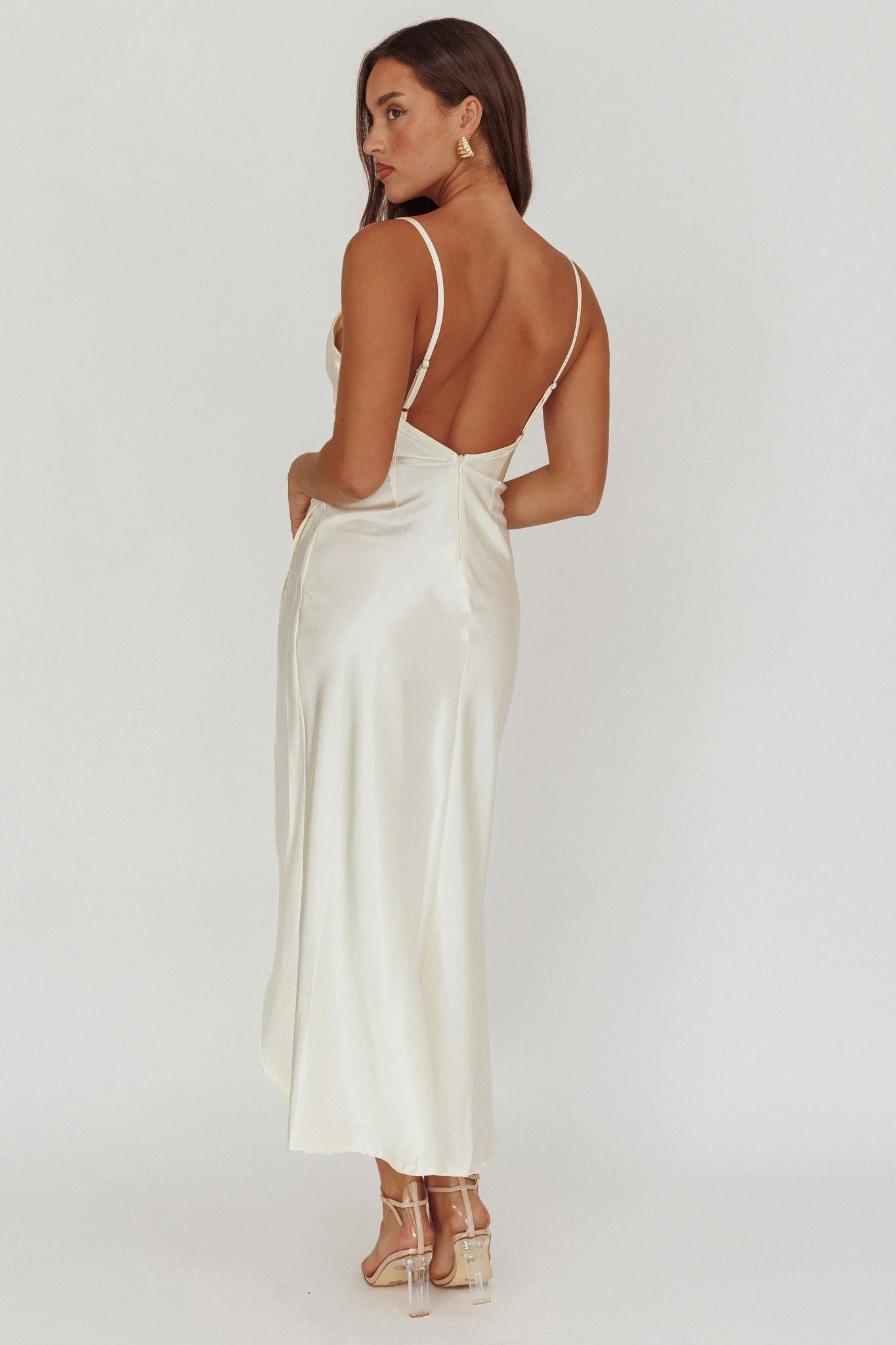 Hey Girl Long Satin Cowl Neck Dress Champagne - Image 2