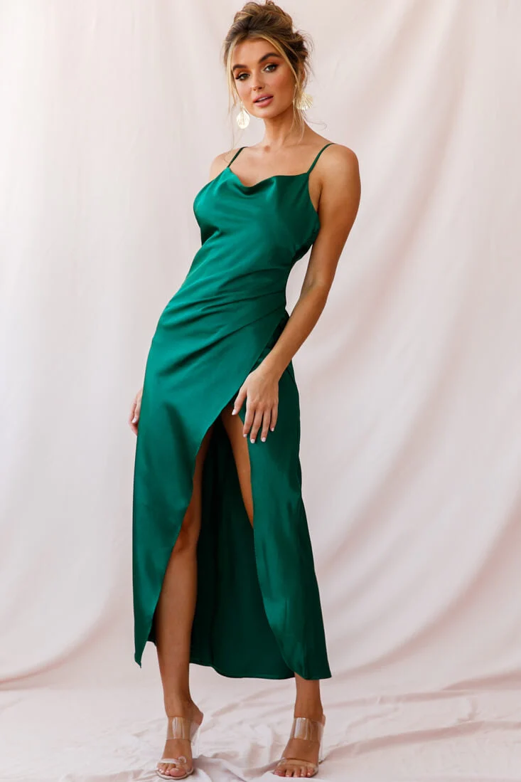 Hey Girl Long Satin Cowl Neck Dress Forest Green - Image 10