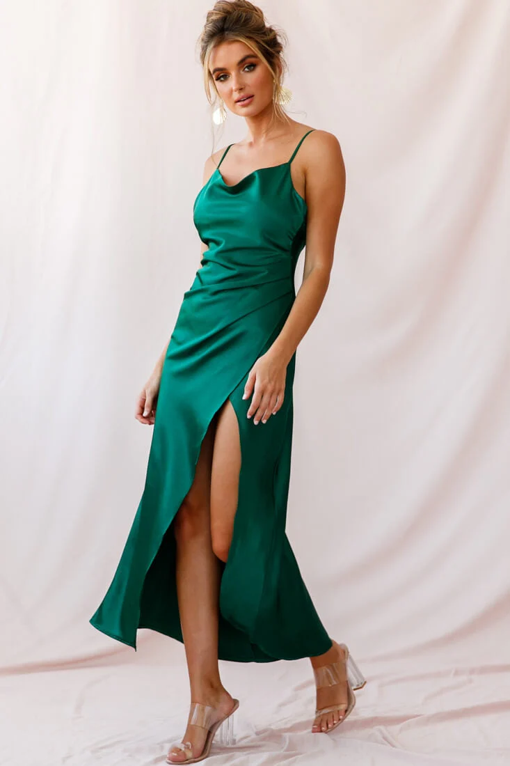 Hey Girl Long Satin Cowl Neck Dress Forest Green - Image 11