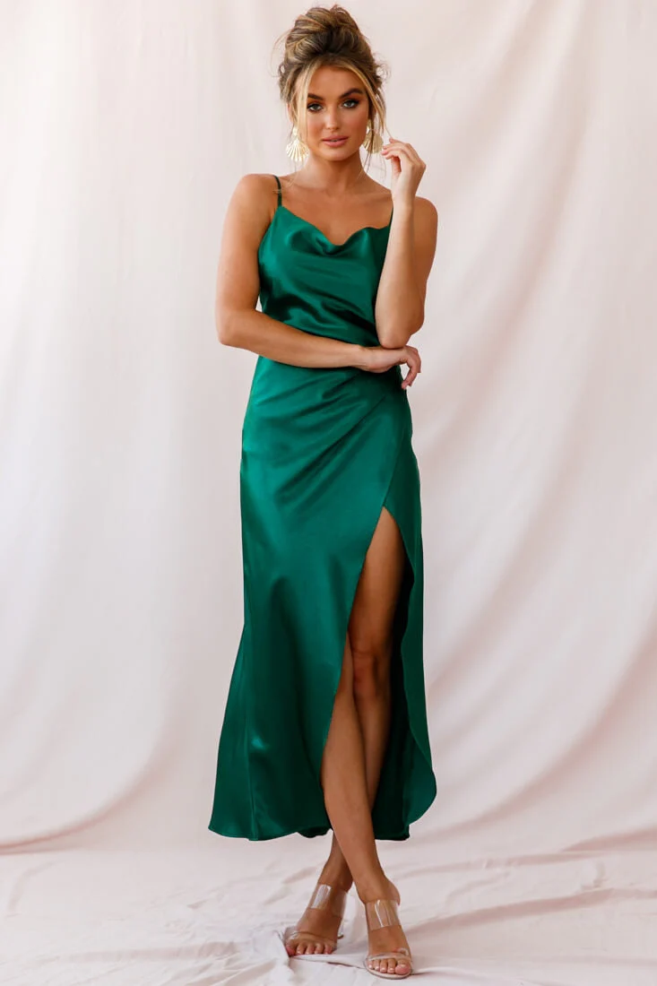 Hey Girl Long Satin Cowl Neck Dress Forest Green - Image 13