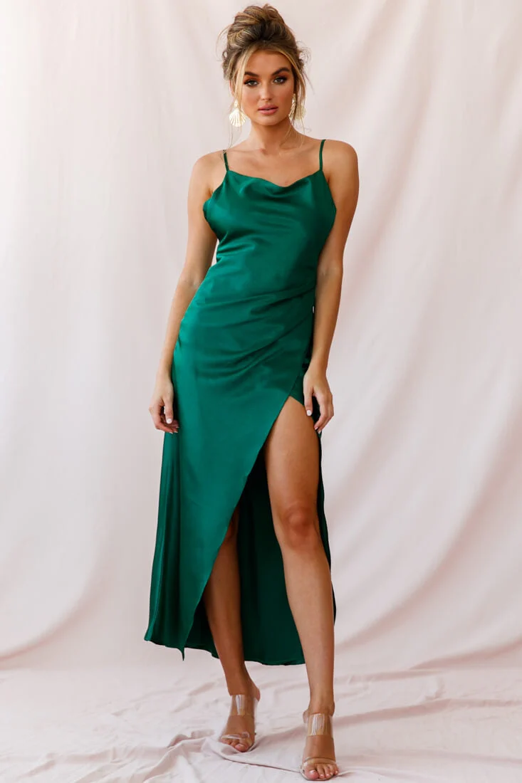 Hey Girl Long Satin Cowl Neck Dress Forest Green - Image 14