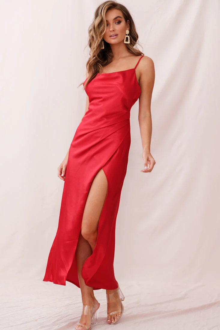 Hey Girl Long Satin Cowl Neck Dress Red - Image 7