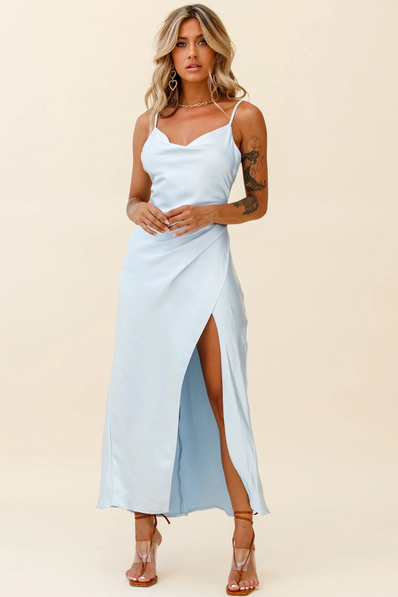 Hey Girl Long Satin Cowl Neck Dress Steel Blue - Image 2