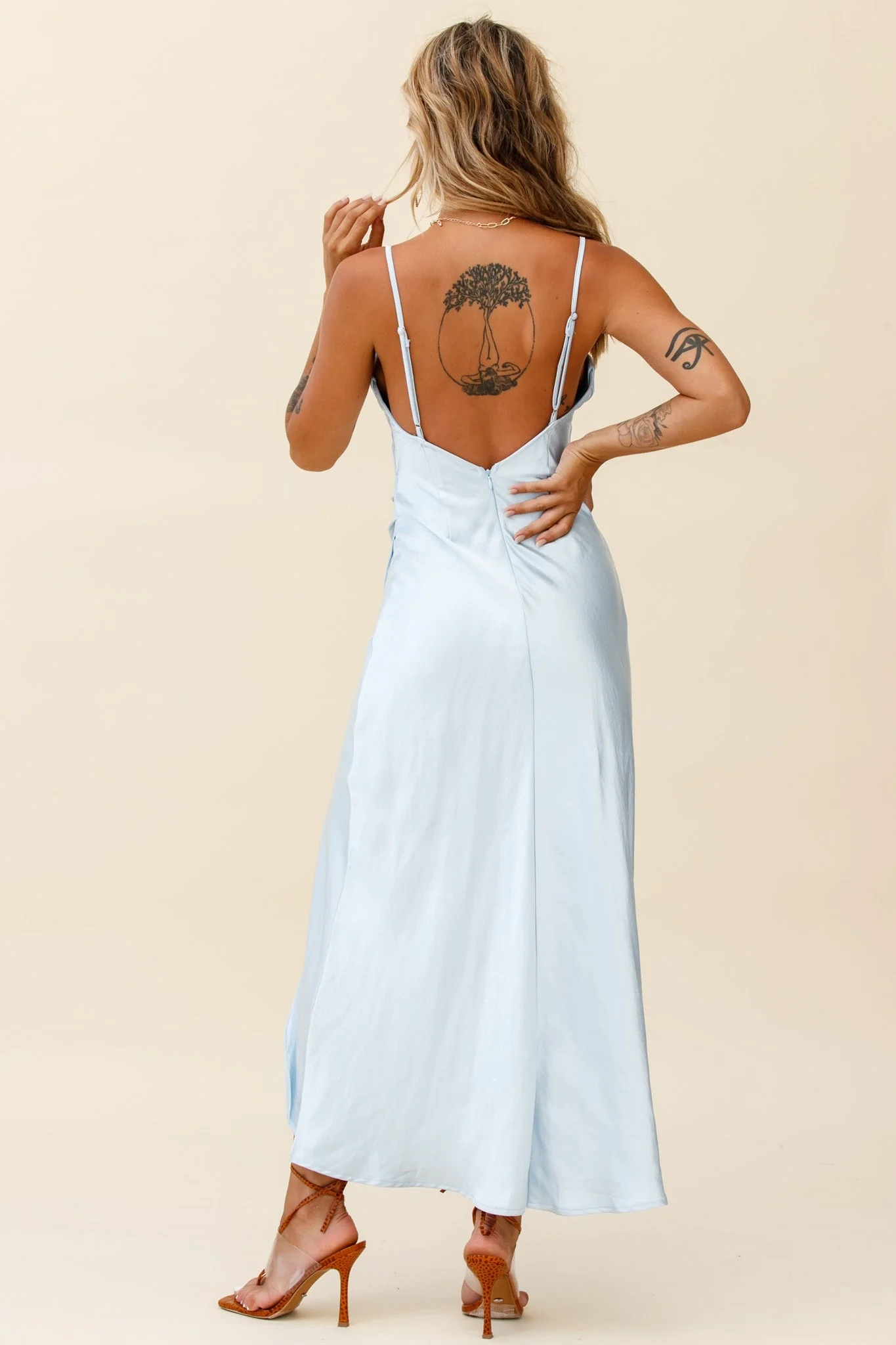 Hey Girl Long Satin Cowl Neck Dress Steel Blue - Image 3