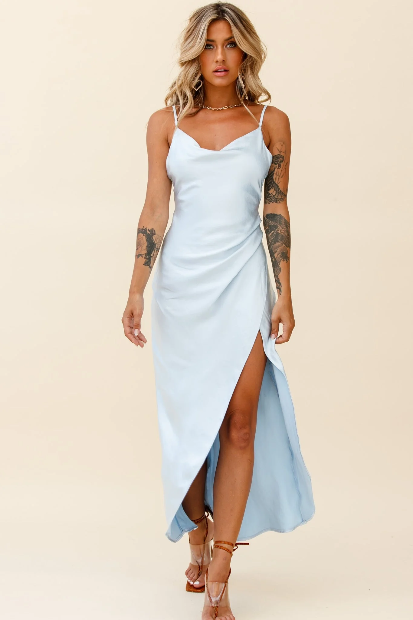 Hey Girl Long Satin Cowl Neck Dress Steel Blue - Image 4