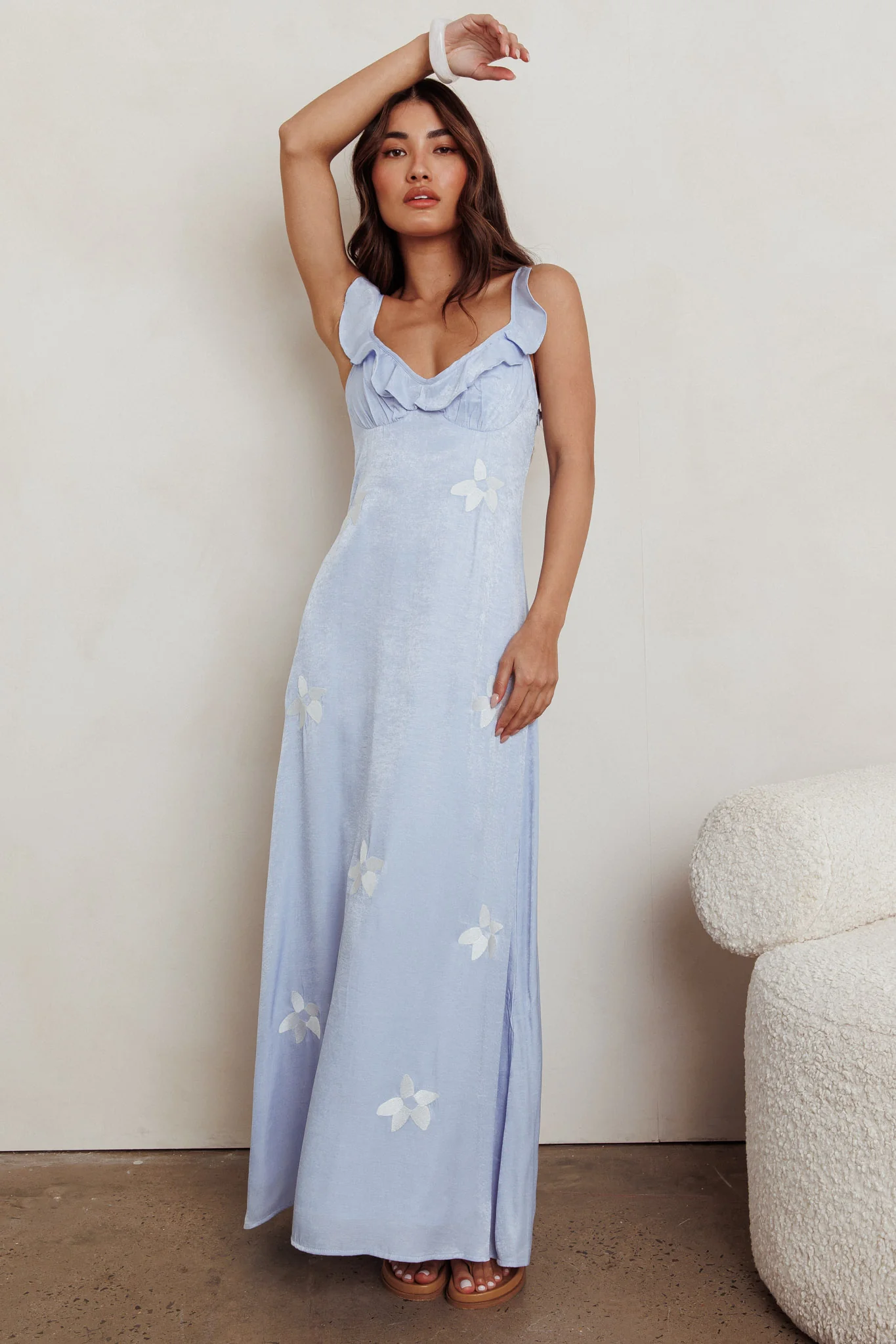 Hibiscus Ruffle A-line Maxi Dress Blue - Image 4