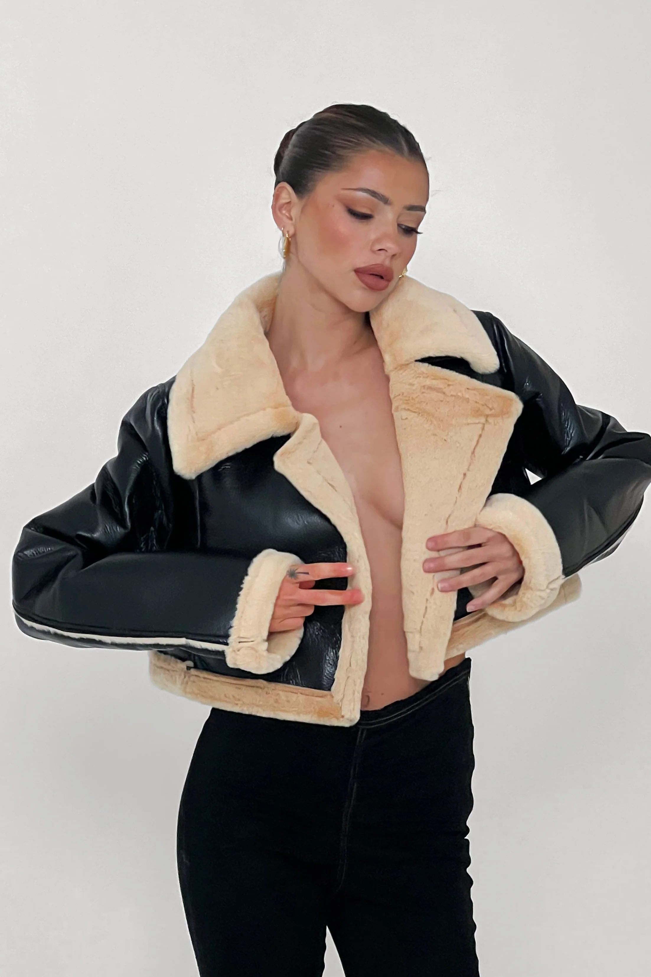 High Altitude Faux Fur Biker Jacket Black/Taupe - Image 2