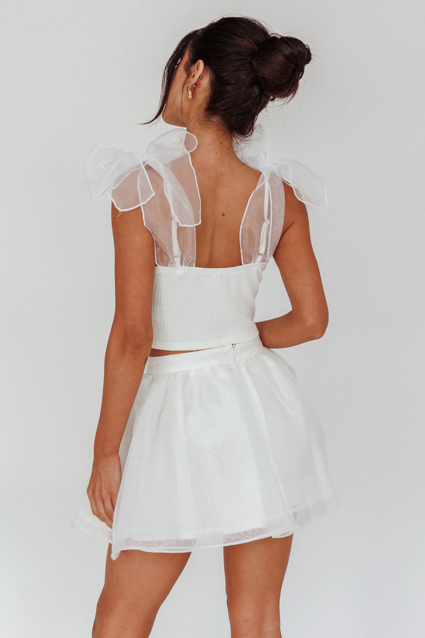 High Class Bow Shoulder Crop Top White - Image 2