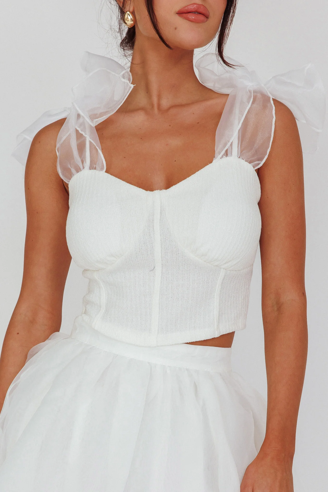 High Class Bow Shoulder Crop Top White - Image 4