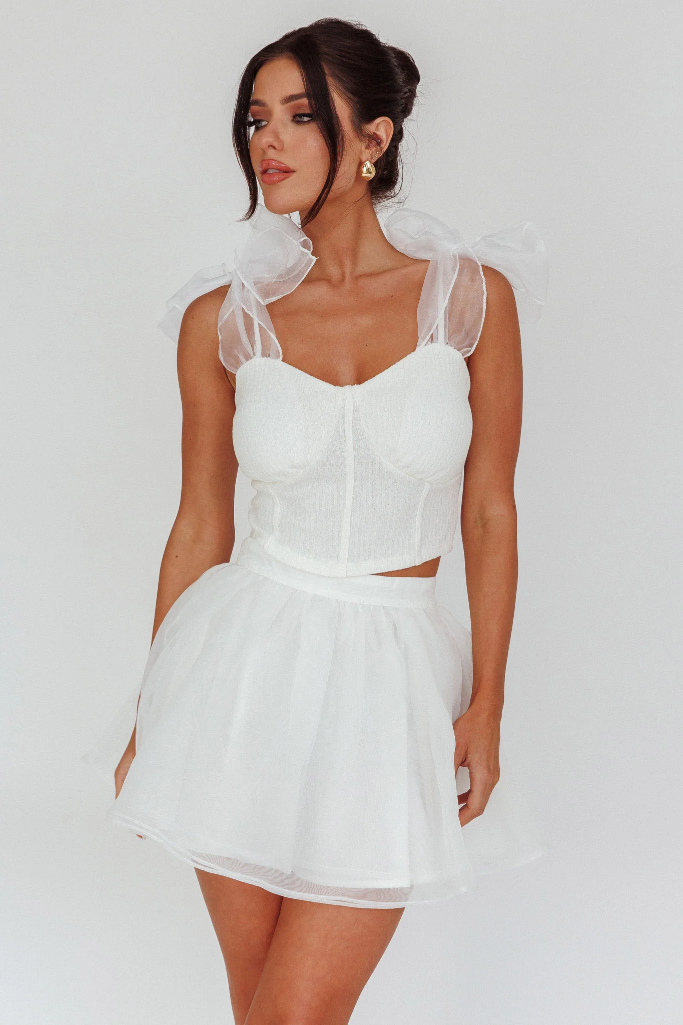 High Class Bow Shoulder Crop Top White - Image 5
