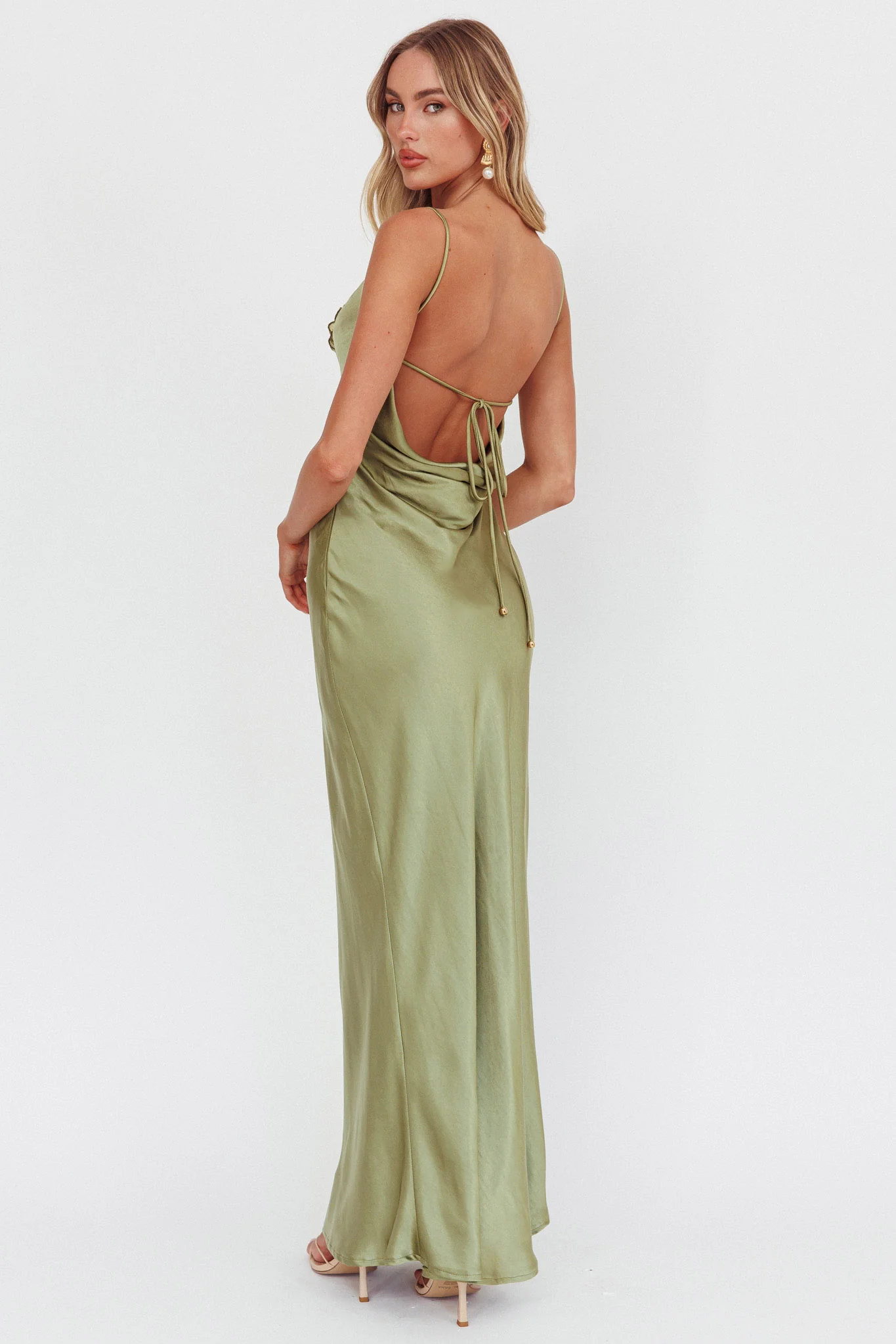 High Roller Cowl Back Rosette Maxi Dress Olive - Image 2