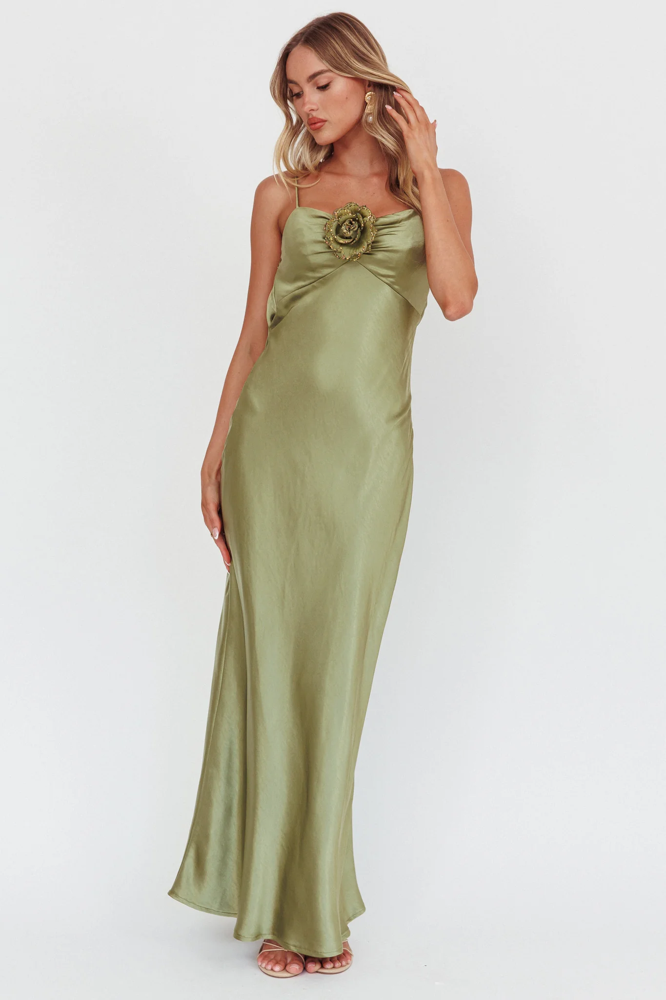 High Roller Cowl Back Rosette Maxi Dress Olive - Image 4