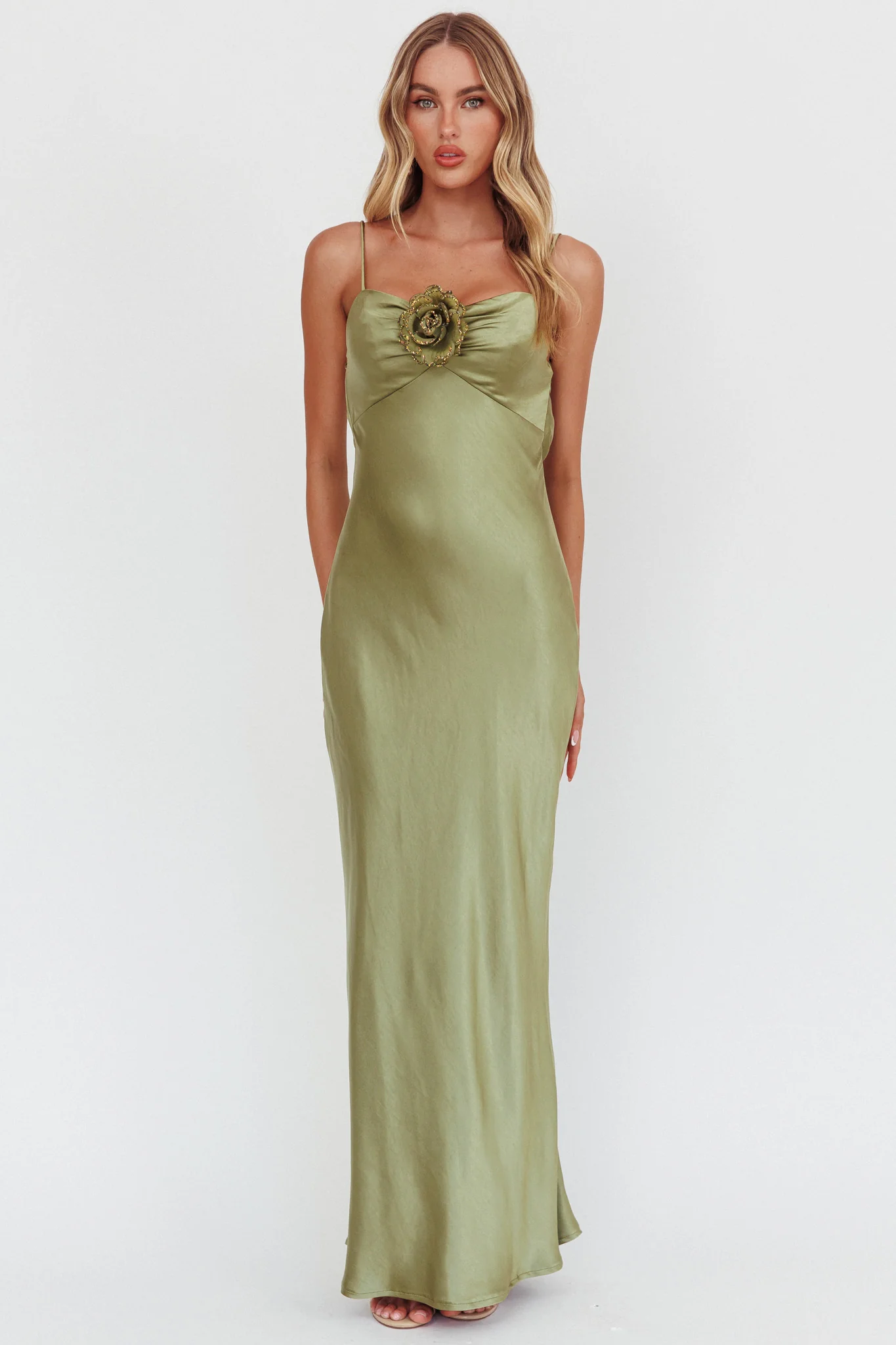 High Roller Cowl Back Rosette Maxi Dress Olive - Image 5