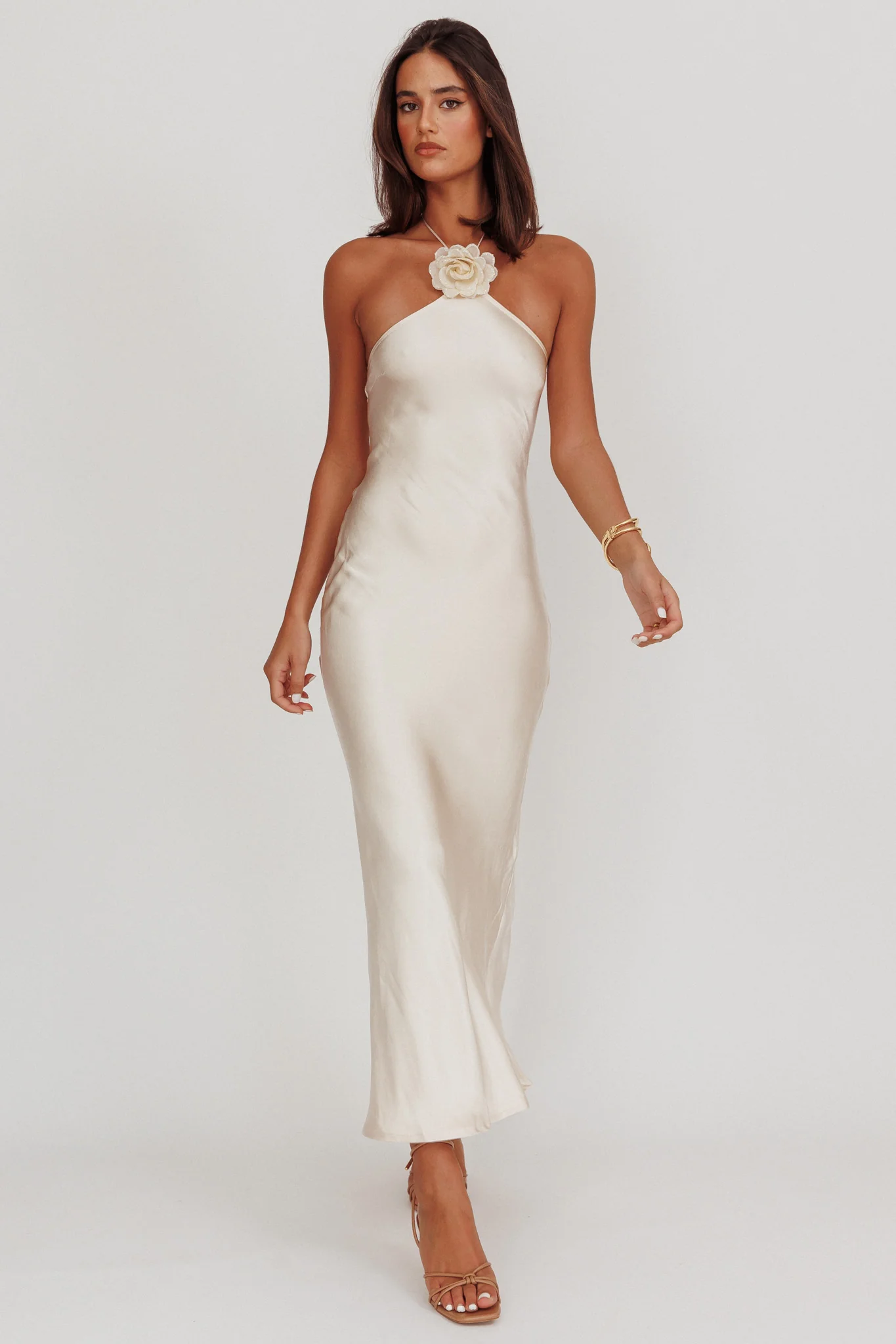 High Roller Flower Decoration Halter Dress Champagne - Image 4