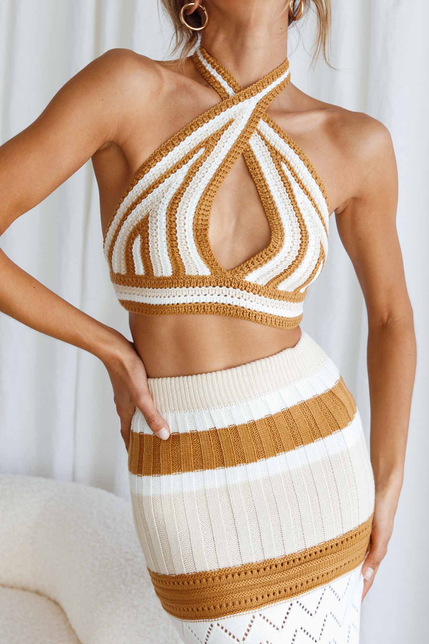 Higher Love Knit Maxi Skirt Striped Camel - Image 4