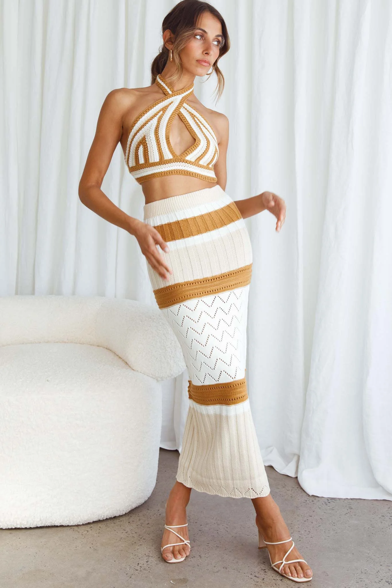 Higher Love Knit Maxi Skirt Striped Camel - Image 6