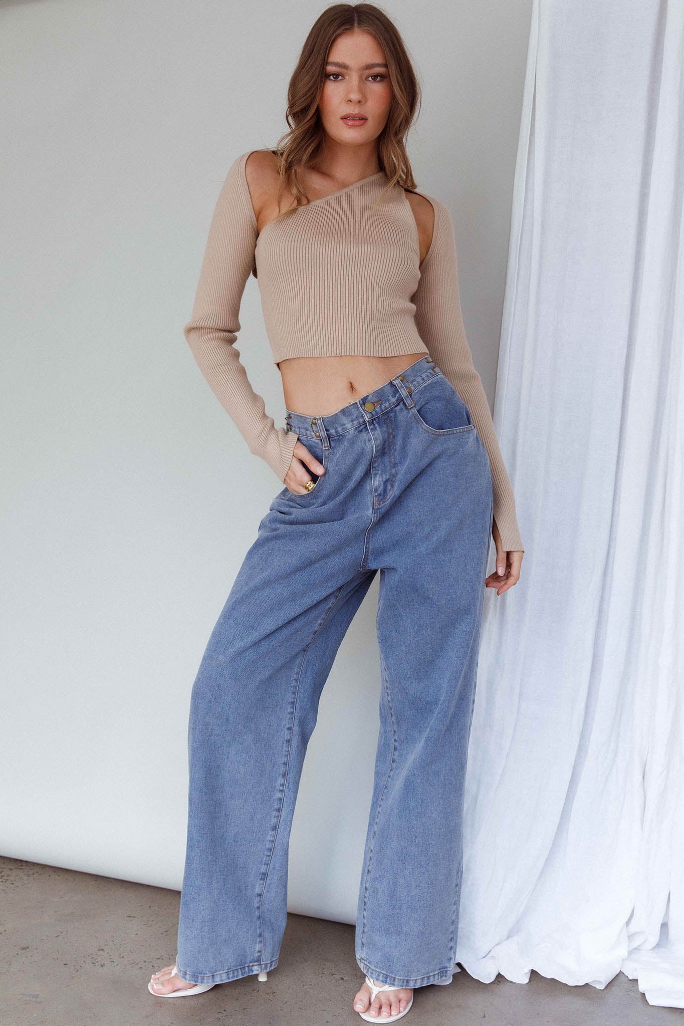 Holland One Shoulder Knit Top & Long Sleeve Shrug Latte - Image 3