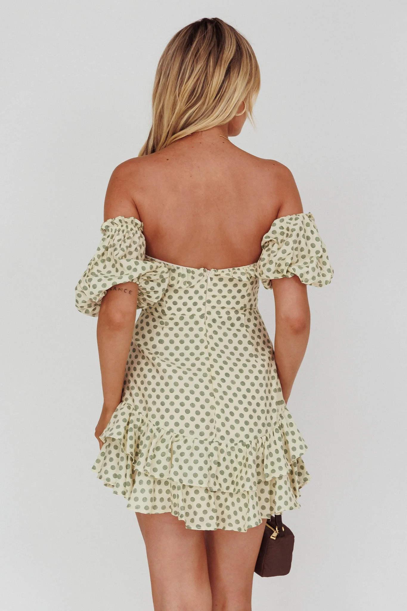 Homecoming Queen Sweetheart Neckline Puff Sleeve Dress Polka Dot Green - Image 2